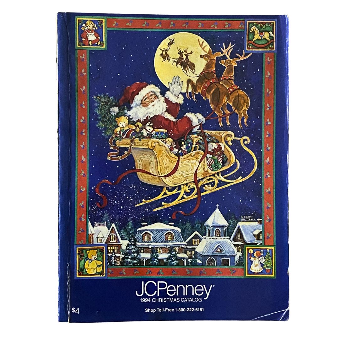 Cover of the 1994 JCPenney Christmas Gifts Under $30 Catalog featuring Santa Claus in a sleigh with reindeer against a starry night background, showcasing festive holiday themes and nostalgia.