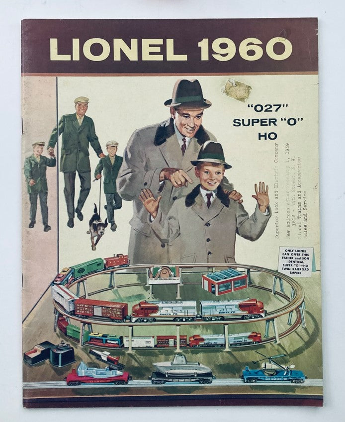 VTG 1960 Lionel Trains "027" Super "O" and Ho Twin Railroad Empire Catalog cover featuring a father and son with a model train setup.