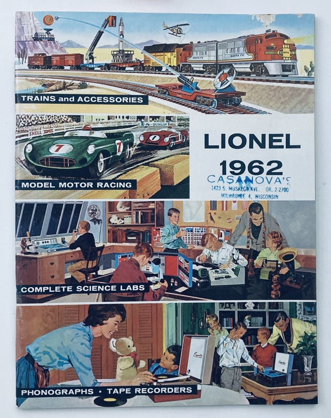 1962 Lionel Trains and Accessories Model Motor Racing Catalog cover featuring vibrant illustrations of trains, racing cars, and accessories showcased in a nostalgic layout.