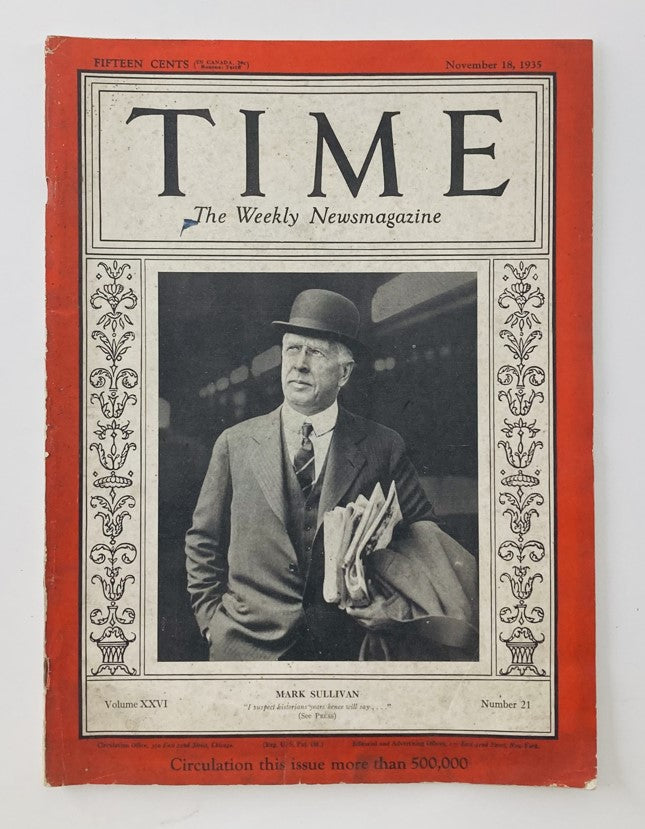 Cover of VTG Time Magazine dated November 18, 1935, featuring journalist Mark Sullivan, showcasing vintage design and historical significance.