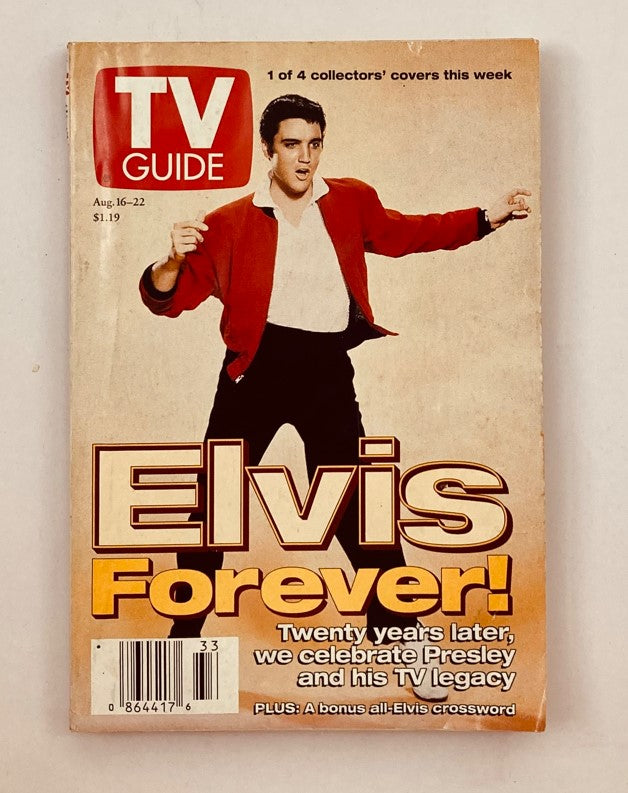 TV Guide Magazine August 16 1997 featuring Elvis Presley on the cover. The magazine celebrates the legacy of Elvis with the headline 'Elvis Forever!' and mentions a bonus all-Elvis crossword inside.