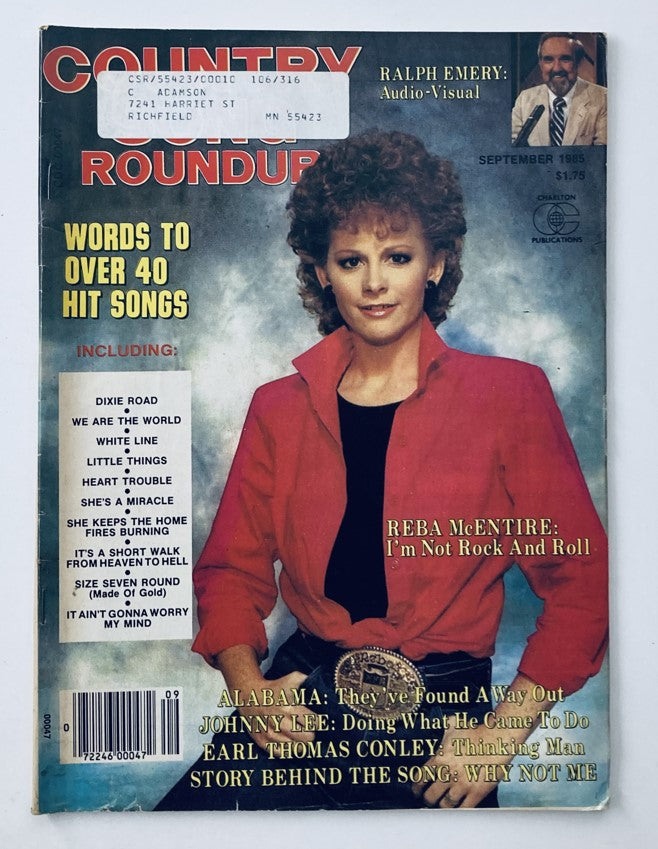 Cover of the VTG Country Song Roundup Magazine, September 1985 featuring Reba McEntire and Ralph Emery, showcasing country music highlights and articles.