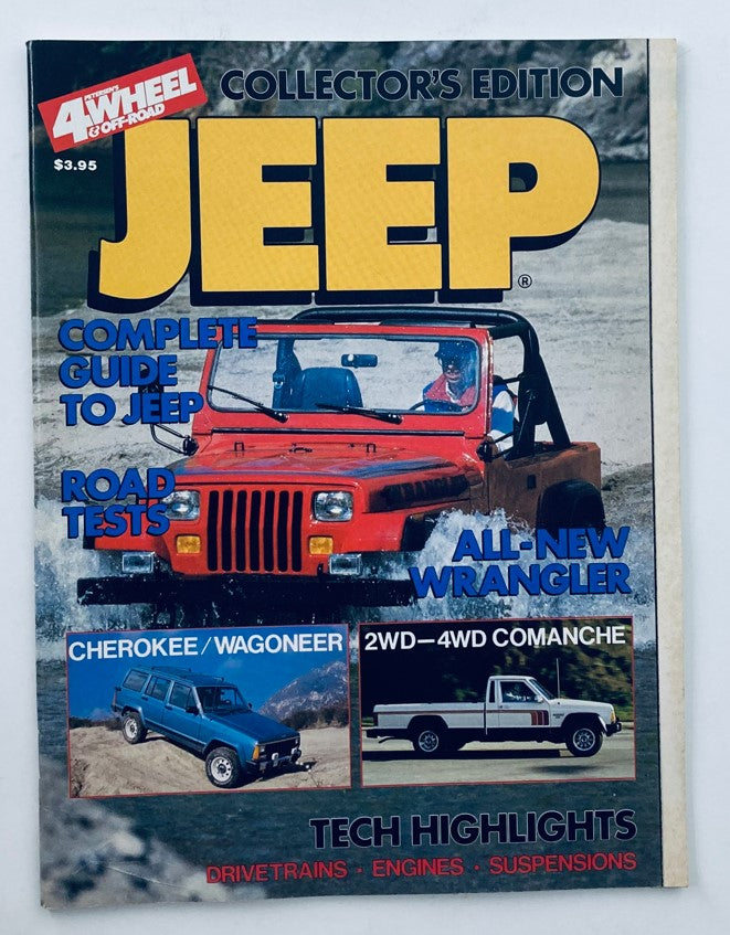Petersen's 4 Wheel & Off-Road Magazine 1986 Complete Guide to Jeep cover showcasing a vintage red Jeep on a rocky terrain with highlighted features including road tests, lifestyle tips, and technical highlights.