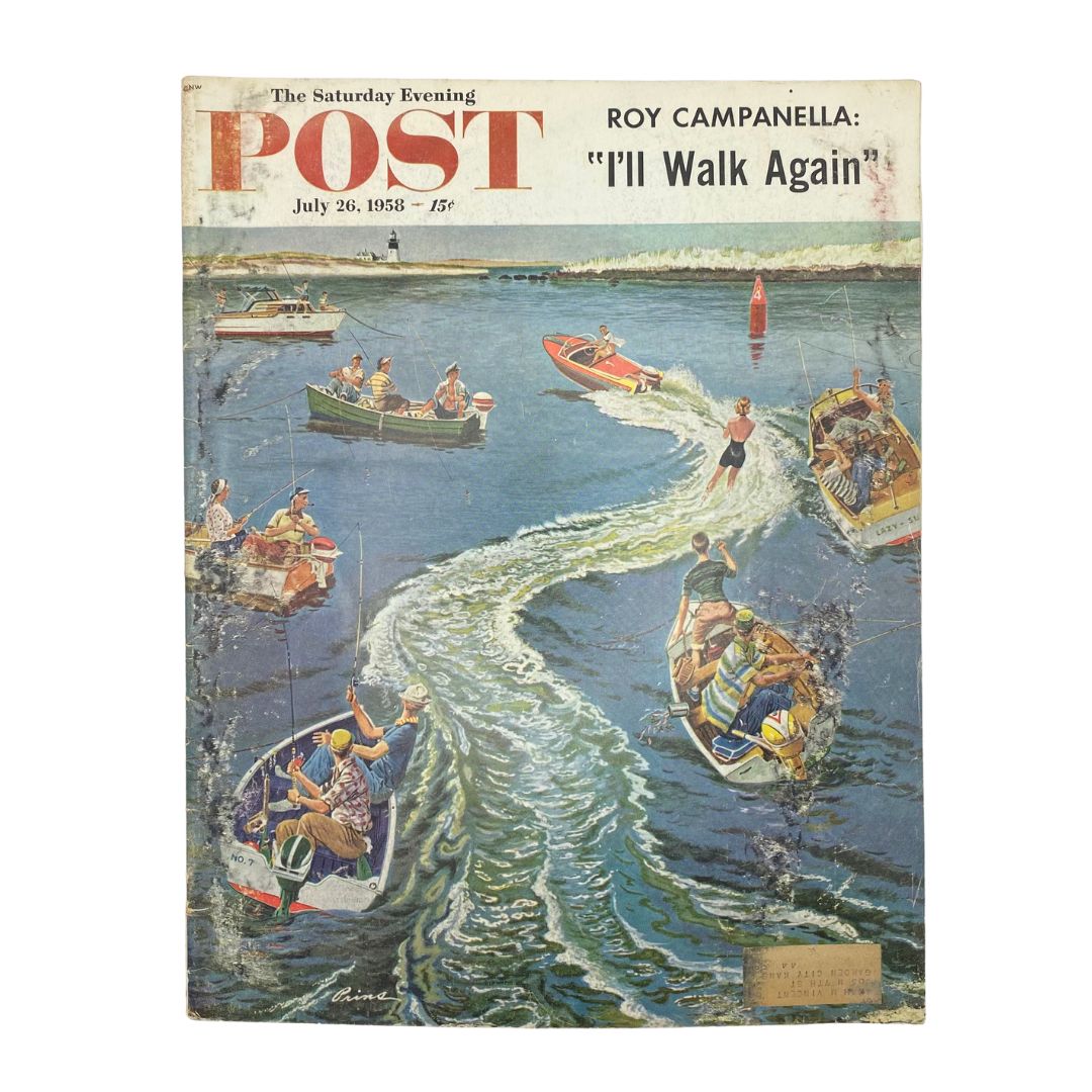 Cover of Saturday Evening Post Magazine from July 26, 1958 featuring the illustration 'Boatmen Enjoying' by Ben Prins depicting a lively boating scene.
