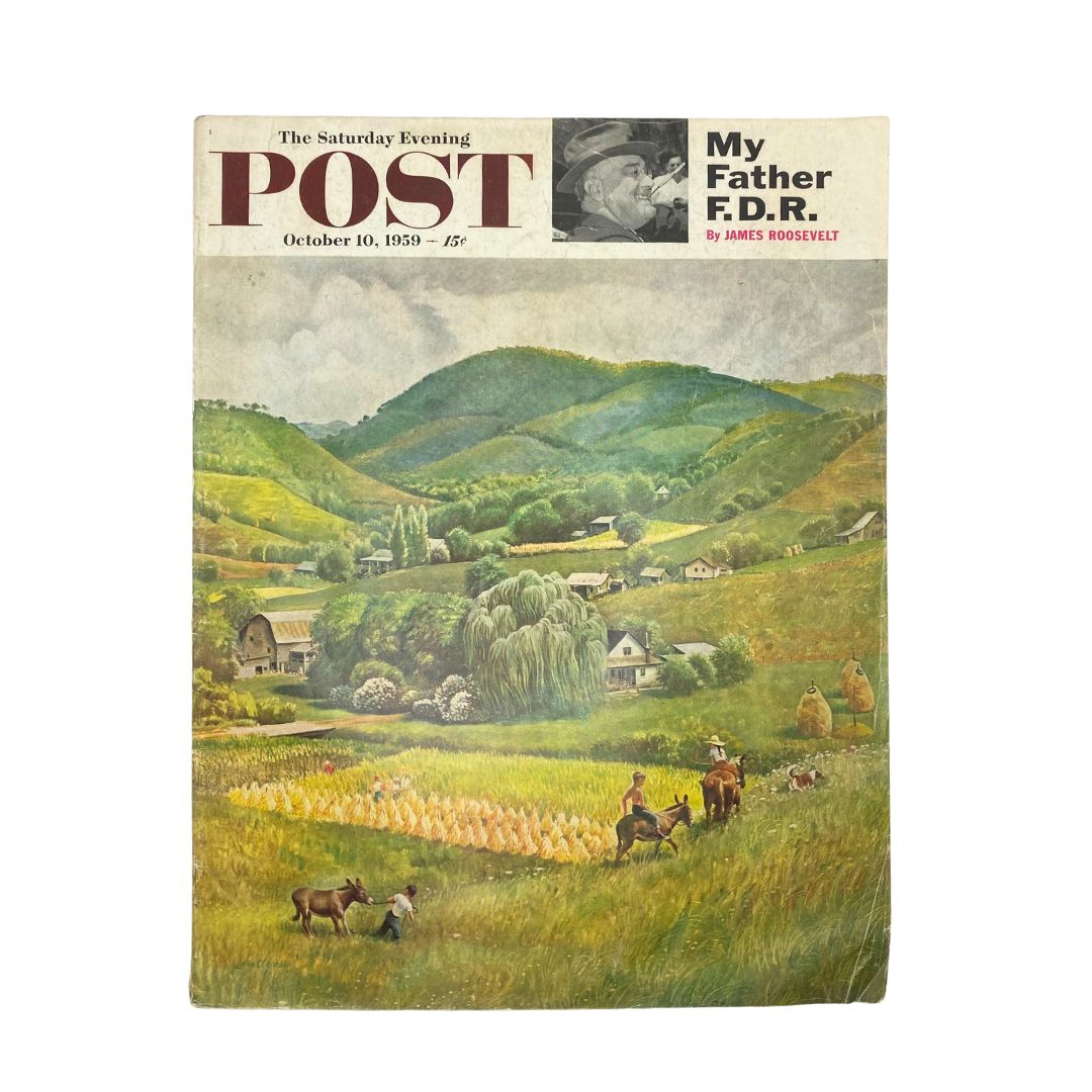 Cover of Saturday Evening Post Magazine October 10, 1959 featuring the illustration 'Blue Ridge' by Clymer, showcasing scenic mountains and rural life.