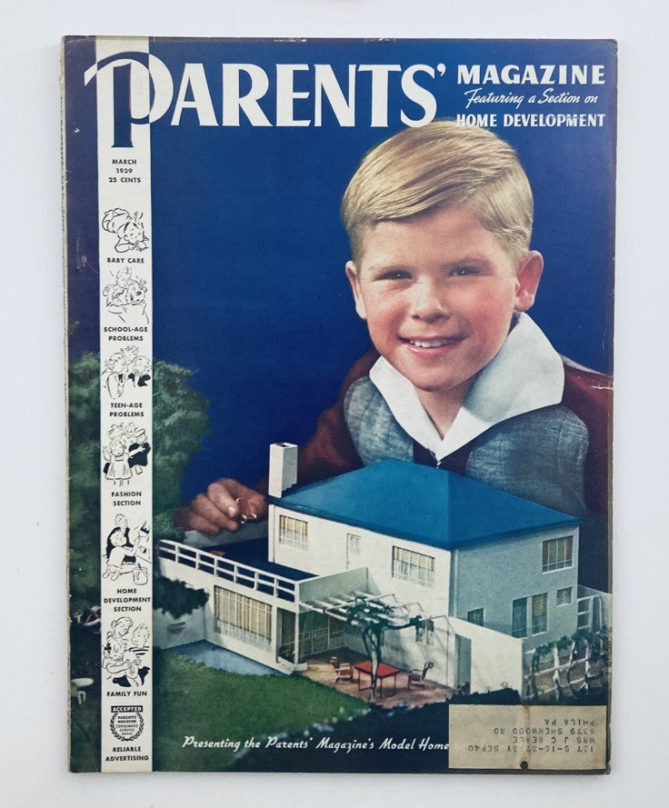 Cover of VTG Parents' Magazine March 1939 Vol 14 No. 3 featuring a young boy and a model house, highlighting topics on parenting and home development.