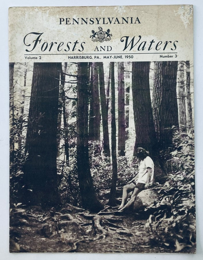 Cover of PA Forests & Waters Magazine May 1950 Vol 2 #3 featuring a young girl resting on a rock in a wooded area, representing the charm of Cook Forest State Park.