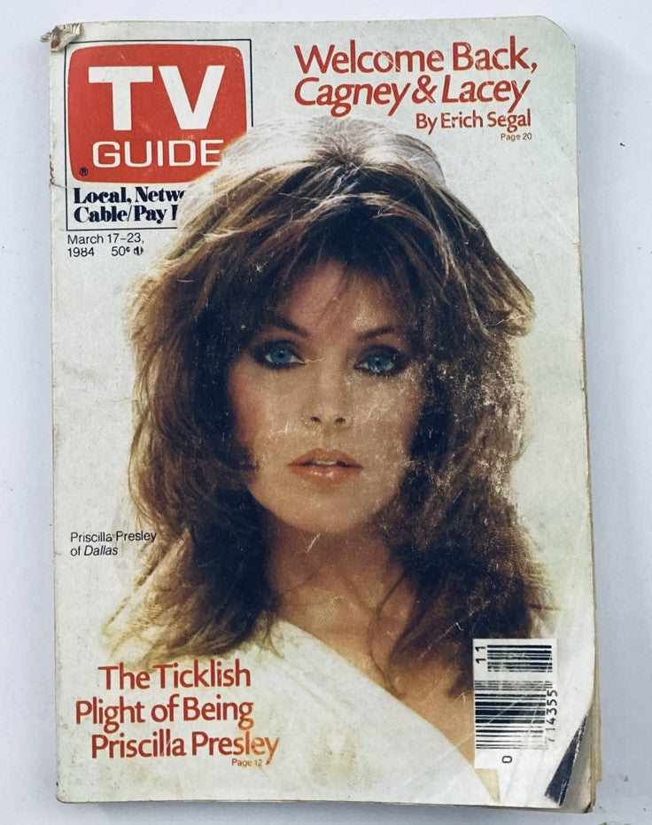 TV Guide Magazine March 17 1984 featuring Priscilla Presley on the cover. This vintage magazine includes an article titled 'The Ticklish Plight of Being Priscilla Presley' along with promotional images. Ideal for collectors of television history.