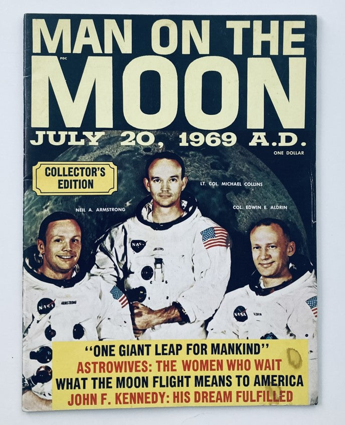 VTG Man on the Moon Magazine July 1969 cover featuring astronauts Neil A. Armstrong, Michael Collins, and Edwin E. Aldrin with bold title and collector's edition label.
