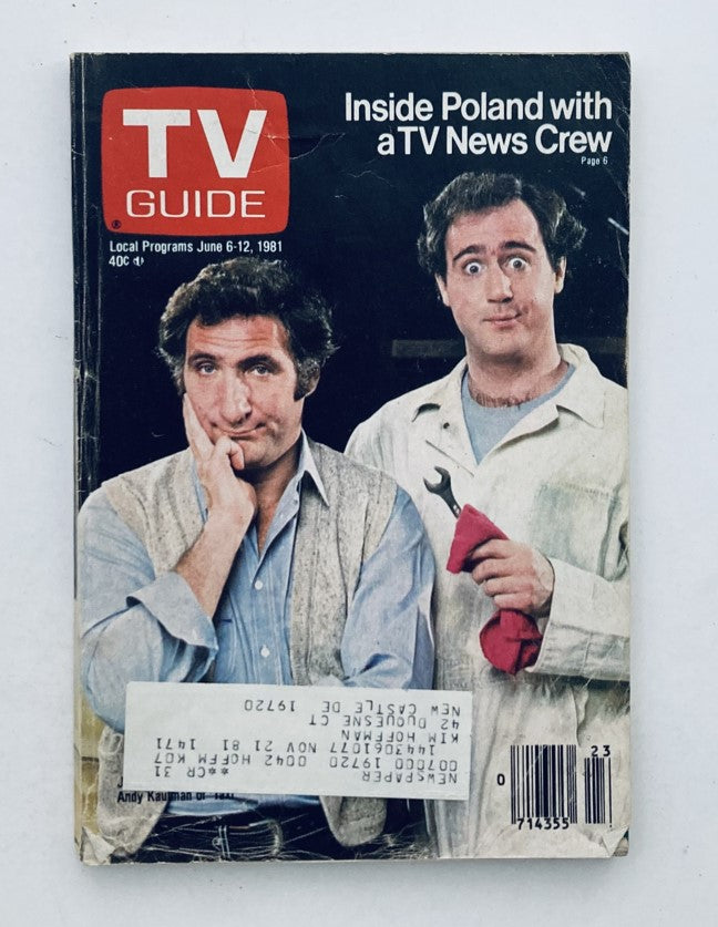 Cover of TV Guide Magazine from June 6, 1981, featuring the title 'Inside Poland with a TV News Crew.' The magazine showcases two men on the cover, one looking puzzled while the other holds a wrench and a red cloth, highlighting its collectible nature as a piece of television history.