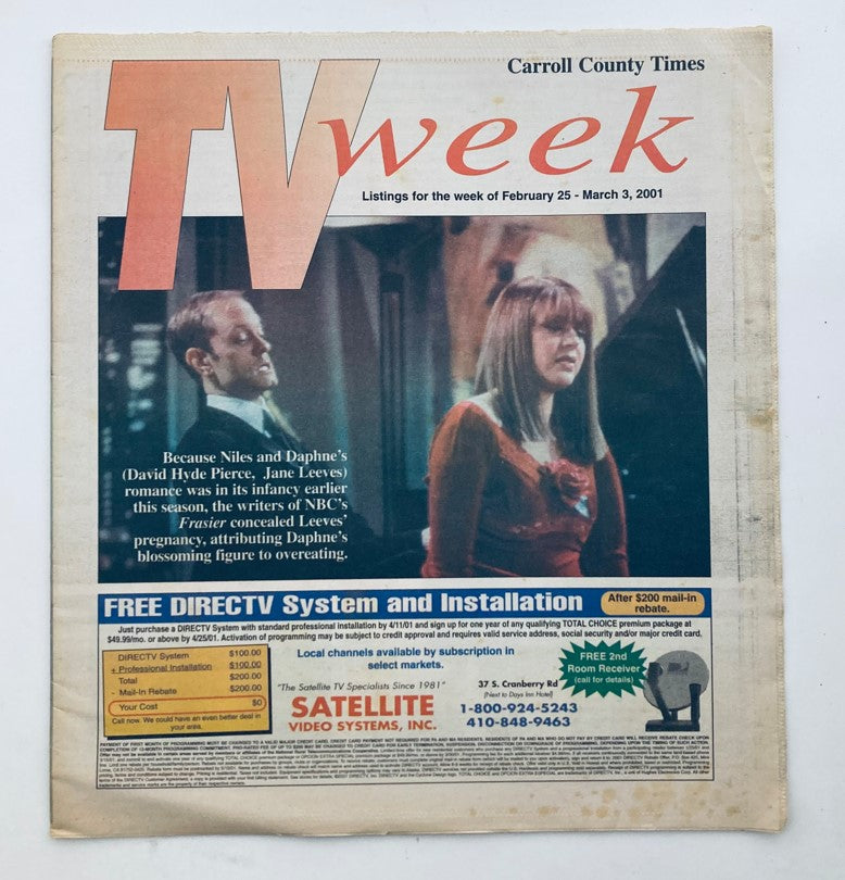 Cover of TV Week Magazine from February 25, 2001, featuring David Hyde Pierce and Jane Leeves, showcasing television listings and entertainment news.