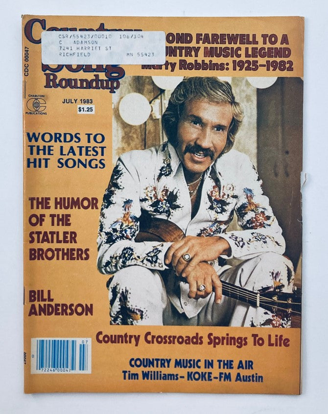 Cover of VTG Country Song Roundup Magazine July 1983 featuring Marty Robbins, showcasing country music articles and photography.