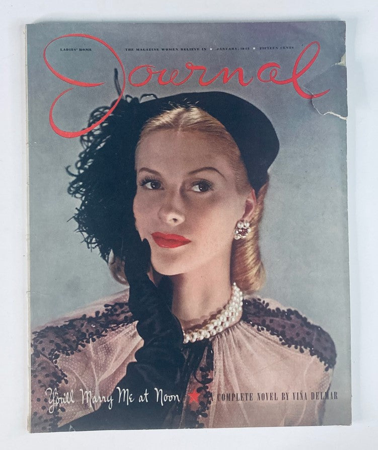 Cover of the Ladies' Home Journal Magazine January 1945, featuring a glamorous woman with pearl necklace and elegant hat, reflecting mid-20th century fashion.