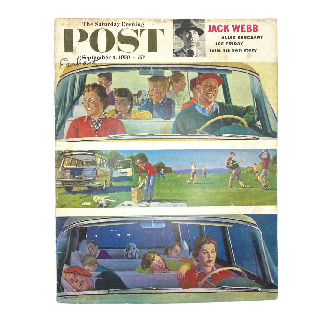 Cover of Saturday Evening Post Magazine from September 5, 1959 featuring purple night theme and artwork by artist Falter. The cover depicts a scene with men, women, and children in a car, enjoying a family outing.