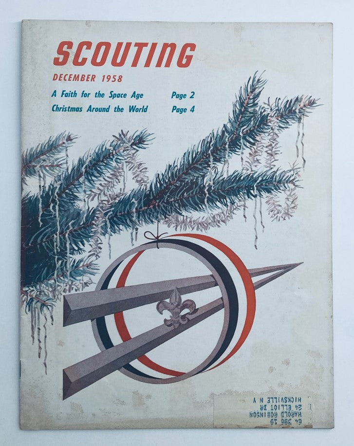 VTG Scouting Magazine, December 1958, Volume 46, Number 10, featuring the theme 'A Faith for the Space Age' with a decorative cover illustration.