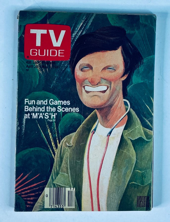 TV Guide Magazine April 25 1981 #1465 featuring a cover illustration with a humorous portrayal of a character related to M*A*S*H, highlighting the theme 'Fun and Games Behind the Scenes at M*A*S*H.'