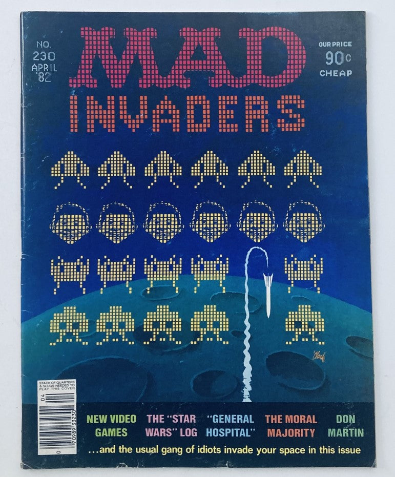 Cover of VTG Mad Magazine April 1982 No. 230 titled 'The Moral Majority', featuring a pixel art design with aliens and humor themes.