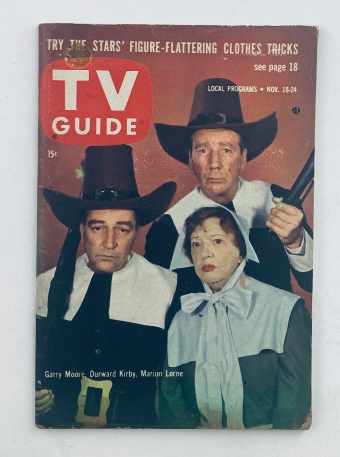 TV Guide Magazine November 18 1961 featuring Garry Moore, Durward Kirby, and Marion Lorne on the cover, showcasing vintage television nostalgia.