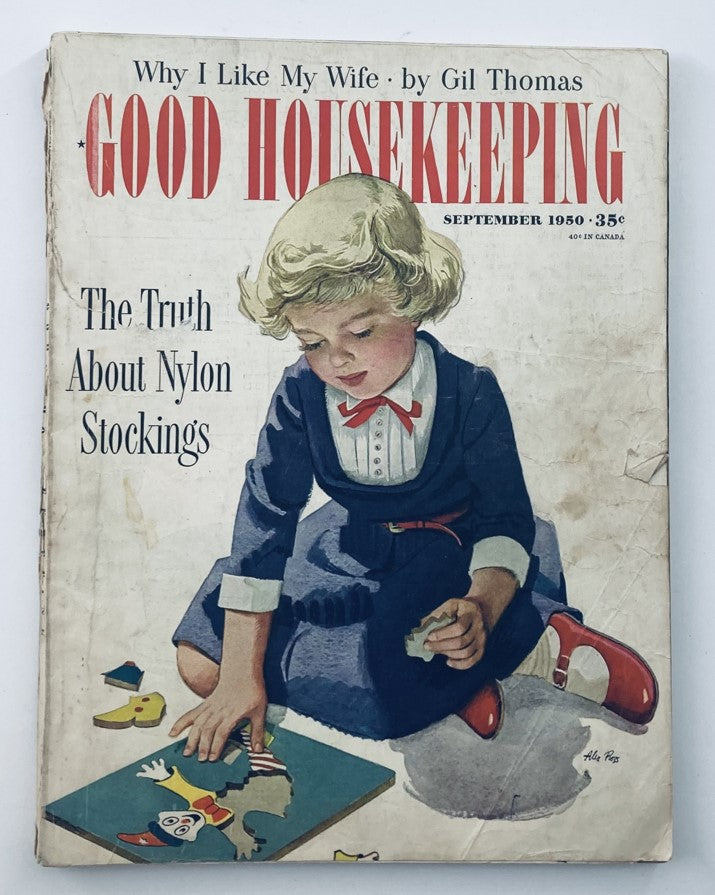 Cover of the VTG Good Housekeeping Magazine September 1950 featuring a young girl engaged in a puzzle, highlighting the article 'The Truth About Nylon Stockings' and showcasing vintage fashion history.