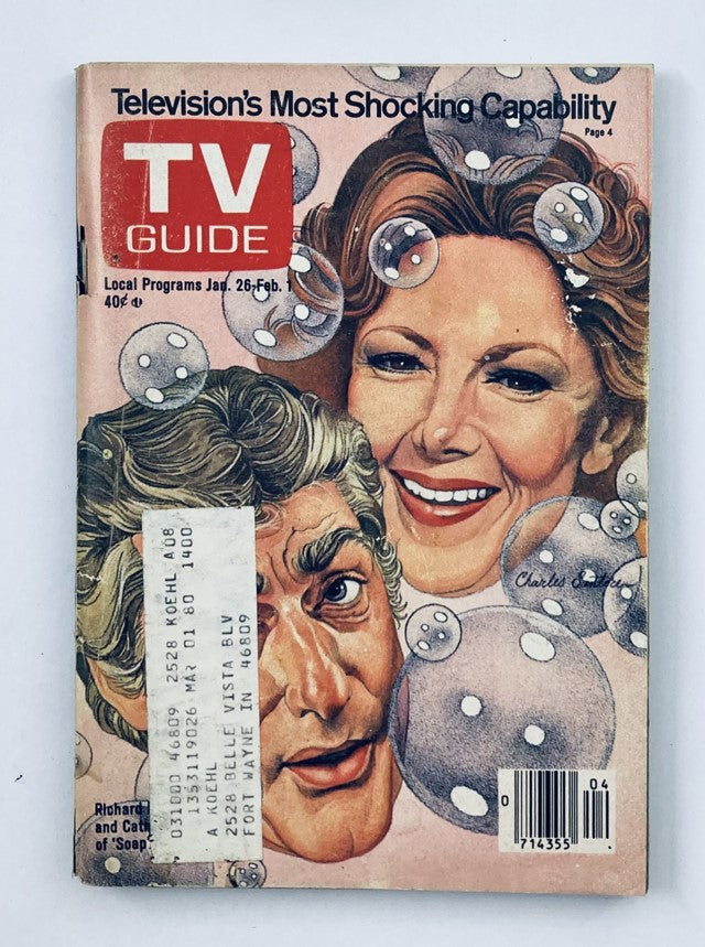 Cover of TV Guide Magazine January 26 1980 #1400 featuring Richard Mulligan, showcasing vibrant illustration with bubbles in the background.