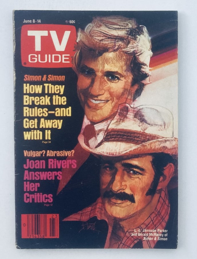 Cover of TV Guide Magazine from June 8, 1985 featuring Jameson Parker and the TV show 'Simon & Simon'. The magazine highlights articles about Joan Rivers and television rules.