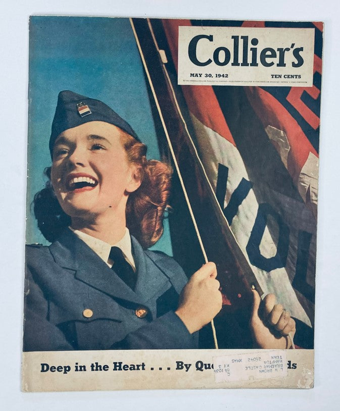 Cover of VTG Collier's Magazine dated May 30, 1942, showcasing a smiling woman in uniform holding flags, representing patriotism during World War II.