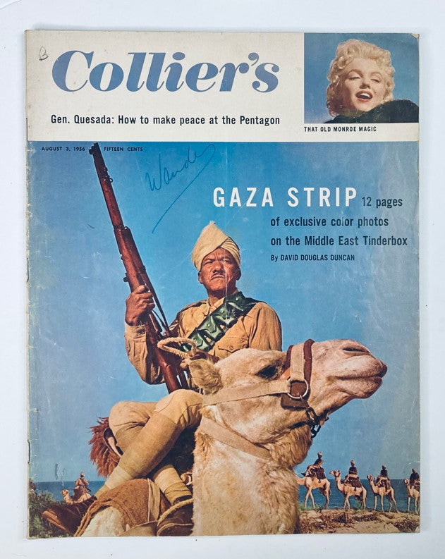 Cover of Collier's Magazine dated August 3, 1956, featuring Marilyn Monroe and a soldier with a rifle in the Gaza Strip, showcasing historical context and mid-20th century culture.