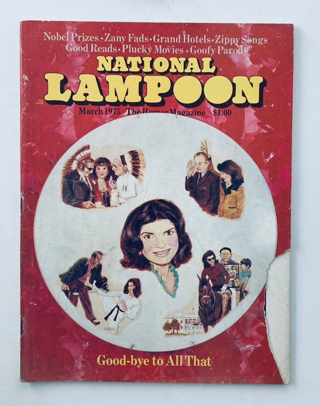 Vintage National Lampoon Magazine from March 1975, Volume 1, Number 60, featuring a colorful cover illustration and the text 'Good-bye to All That'. This rare collectible highlights Jackie Kennedy and reflects the humor and culture of the 1970s.