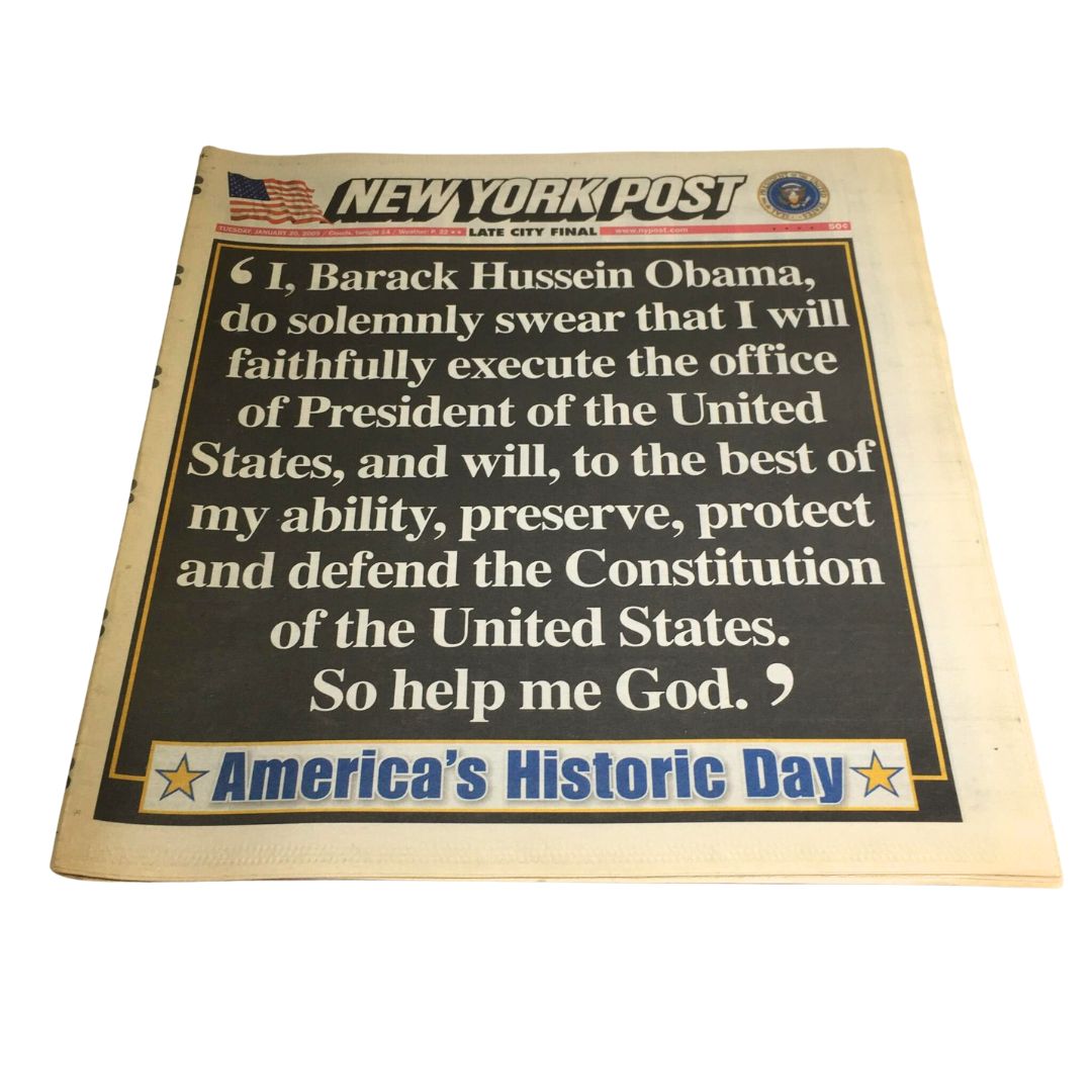 New York Post: Jan 20 2009, Barack Hussein Obama Pledge, America's Historic Day front page featuring Obama's inauguration oath.