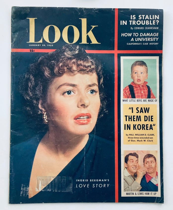 Cover of VTG Look Magazine January 29, 1952 Vol 16 No. 3 featuring Ingrid Bergman's Love Story and articles on current events and entertainment.