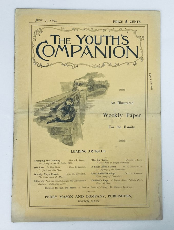 Vintage magazine cover of 'The Youth's Companion' dated June 7, 1894, featuring articles on tramping and camping, showcasing an illustrated design with a central image of a child in outdoor activity.
