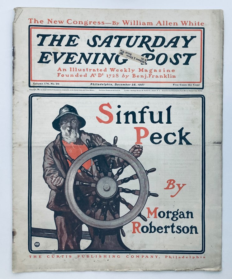 Cover of The Saturday Evening Post from December 28, 1901, featuring the title 'Sinful Peck' by Morgan Robertson with an illustration of a ship's wheel.