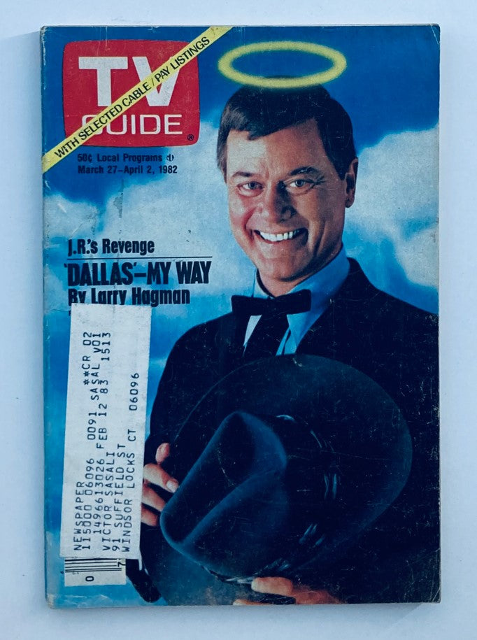 TV Guide Magazine March 27 1982 featuring Larry Hagman on the cover, showcasing the theme 'J.R.'s Revenge Dallas-My Way' with a prominent title and a striking angelic halo above his head.