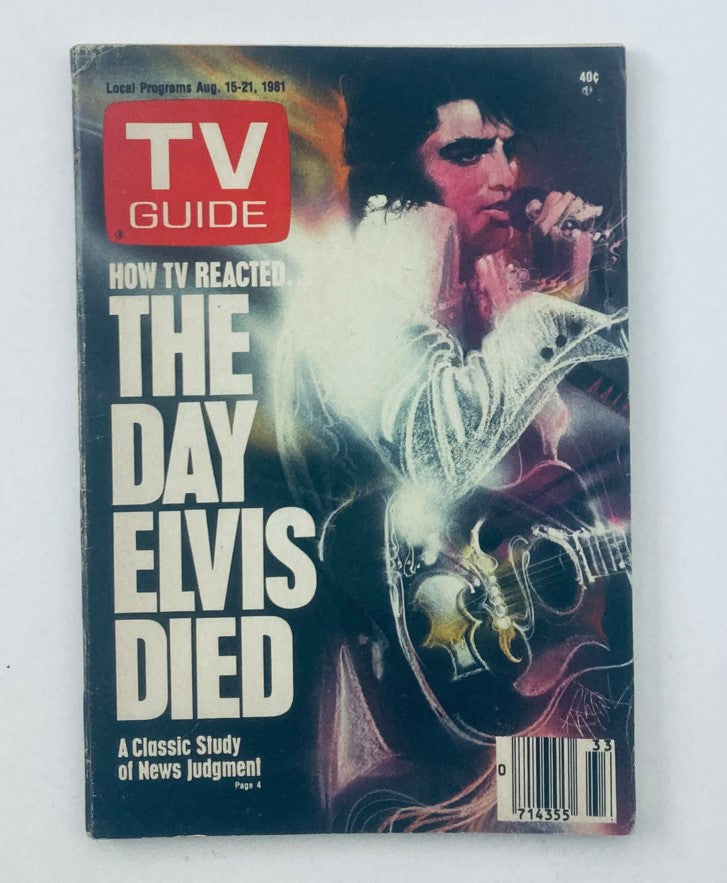 TV Guide Magazine August 15, 1981 featuring Elvis Presley on the cover, highlighting how television reacted to his passing. A notable collectible from the golden era of television.