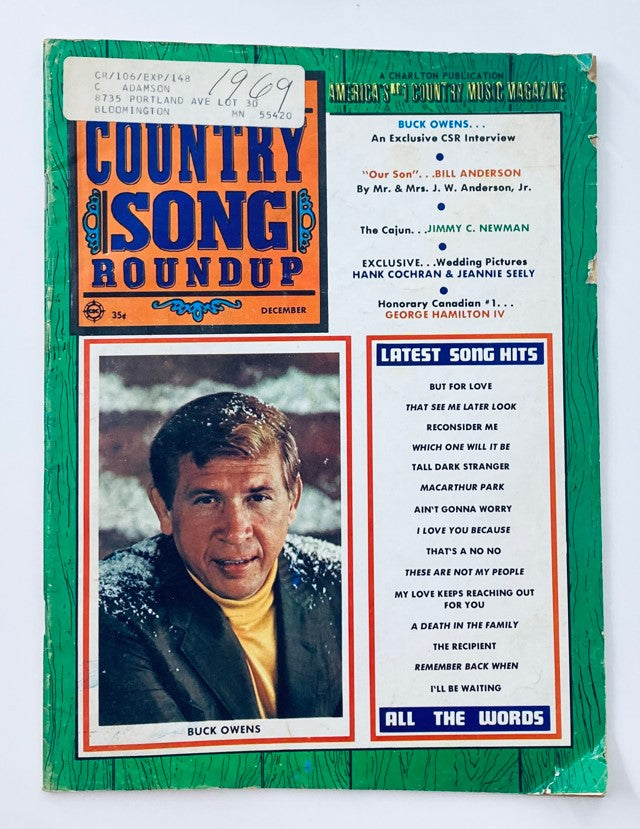 VTG Country Song Roundup Magazine Cover from December 1969 featuring Buck Owens, highlighting iconic country music with additional details on George Hamilton IV and other artists.