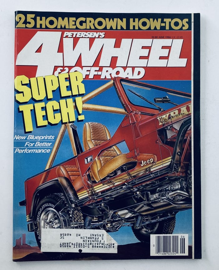 Cover of VTG Petersen's 4 Wheel & Off-Road Magazine from June 1986 showcasing a Jeep Wrangler with a vibrant illustration by David Kimble and the headline 'SUPER TECH! New Blueprints For Better Performance'.