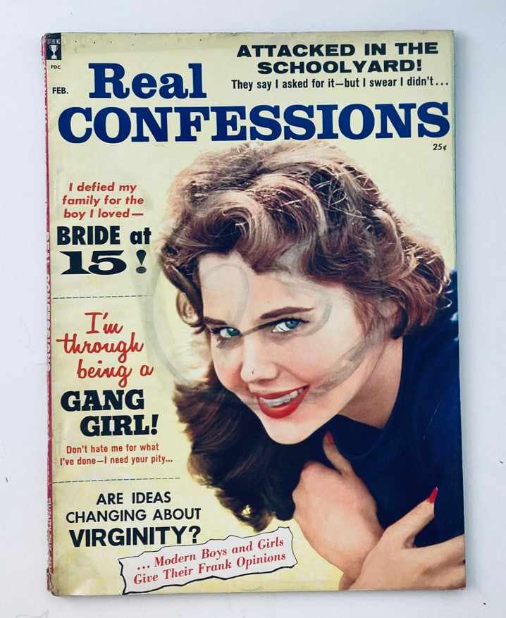 VTG Real Confessions Magazine February 1960 Vol 3 No. 2 cover featuring a girl with flowing hair, smiling at the camera, with headlines about gang girls and virginity.
