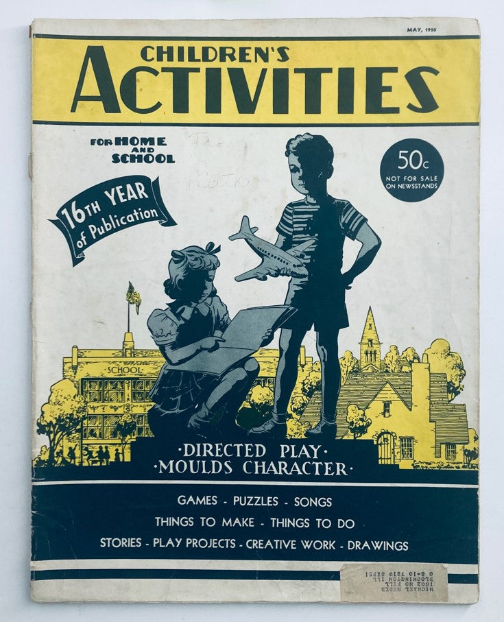 Cover of Children's Activities for Home and School May 1950 Vol 16 No. 5 showing children engaged in creative activities with a school background, highlighting the theme 'A Spring Bonnet'.