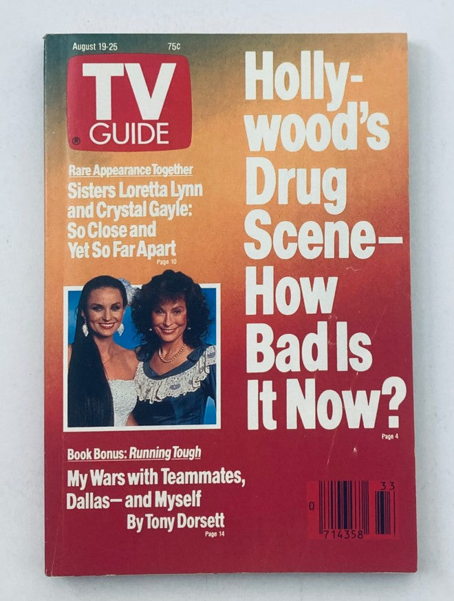 TV Guide Magazine cover from August 19, 1989 featuring Loretta Lynn and Crystal Gayle. The magazine discusses Hollywood's drug scene and includes articles about television history.