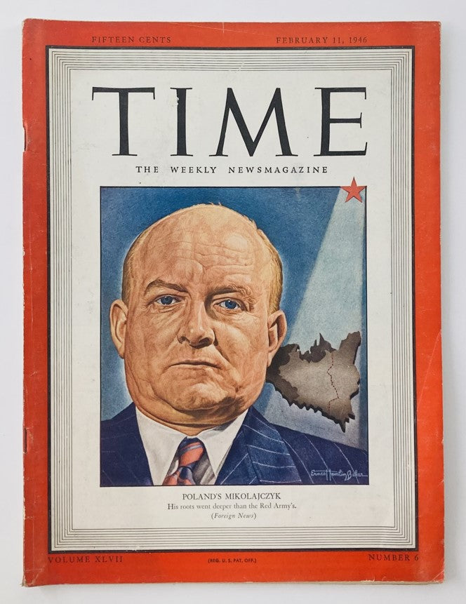Vintage Time Magazine Cover featuring Poland's Stanislaw Mikolajczyk, dated February 11, 1946, Vol 47 No. 6, showcasing post-war political themes.