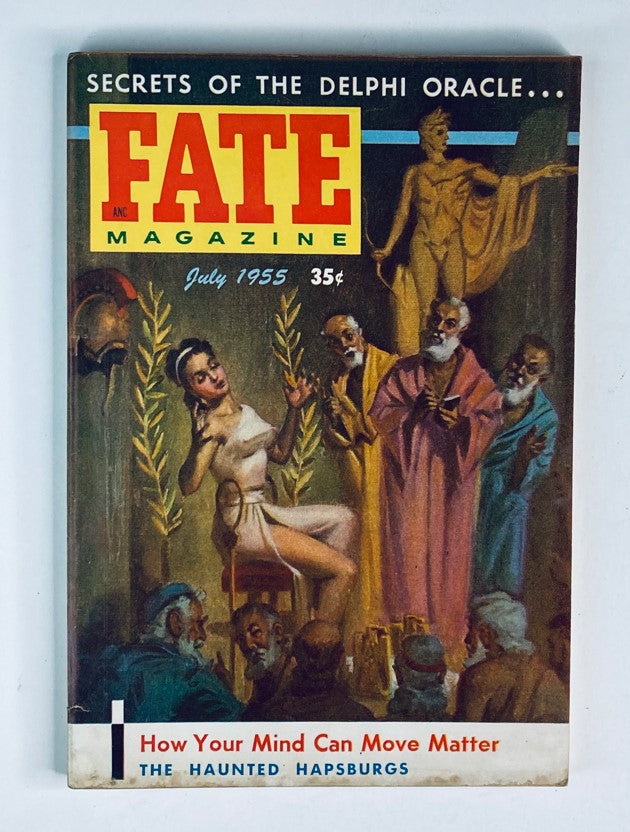 Cover of Fate Magazine July 1955 No. 64 featuring the Secrets of The Delphi Oracle and various figures in an ancient setting.