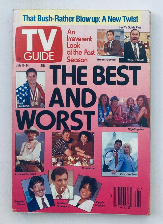 Cover of TV Guide Magazine dated July 8-14, 1989 featuring Olympic diver Greg Louganis. The cover emphasizes 'THE BEST AND WORST' with images of prominent television personalities and shows of the time.