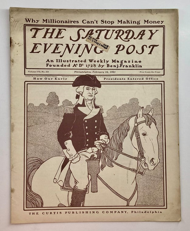Cover of Saturday Evening Post Illustrated Magazine, February 16, 1901, featuring an illustration of a historical figure on horseback.