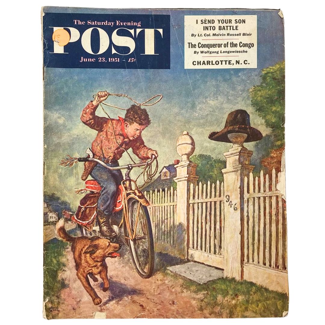 The Saturday Evening Post June 23 1951 cover featuring a boy riding a bicycle with a dog running alongside him, highlighting the adventurous theme of 'The Conqueror of the Congo.'