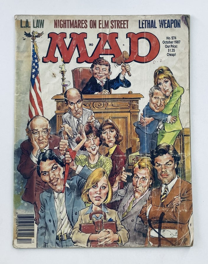 Cover of Mad Magazine October 1987 No. 274 featuring a comedic illustration titled 'Nightmares on Elm Street 2.0' with characters in a courtroom setting.