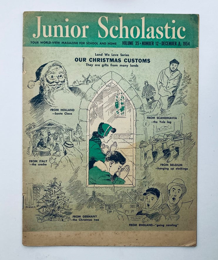 Cover of VTG Junior Scholastic Magazine December 8, 1954, themed 'Our Christmas Customs,' featuring holiday traditions from various countries.