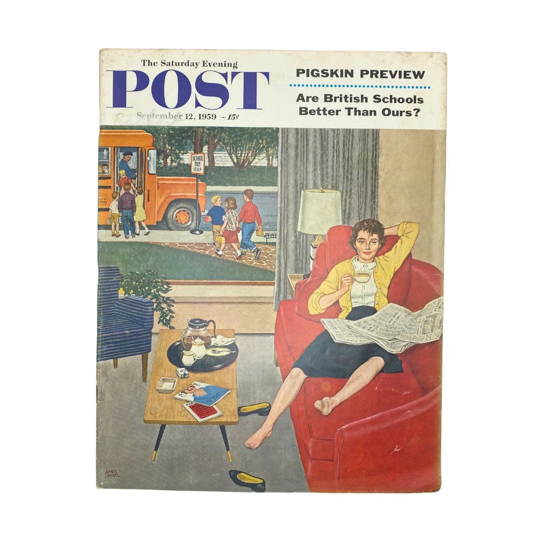 Cover of the Saturday Evening Post Magazine, September 12, 1959, featuring the theme 'Youthful Din' illustrated by Sewell, showcasing a woman relaxing at home with a newspaper at her side while children play outside.