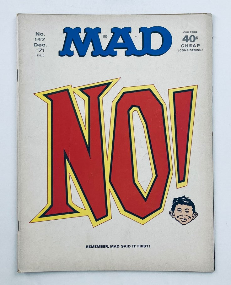 Mad Magazine December 1971 No. 147 cover featuring bold 'NO!' text and iconic character, a collectible issue in Fine condition.