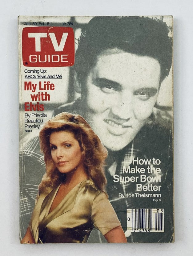 Cover of TV Guide Magazine, January 30, 1988, featuring Elvis Presley and Priscilla Presley. The magazine highlights the article 'My Life with Elvis' by Priscilla Beaulieu Presley.