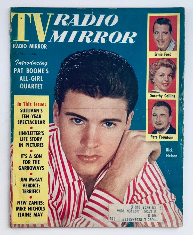 Cover of TV Radio Mirror Magazine July 1958 Vol 50 No. 2 featuring Rick Nelson and Dorothy Collins, highlighting entertainment topics of the 1950s.